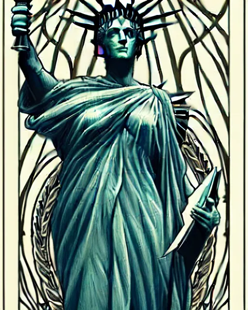 Prompt: Beautiful and playful ethereal lady liberty, art nouveau, fantasy , elegant, highly detailed, sharp focus, art by Artgerm and Greg Rutkowski and WLOP