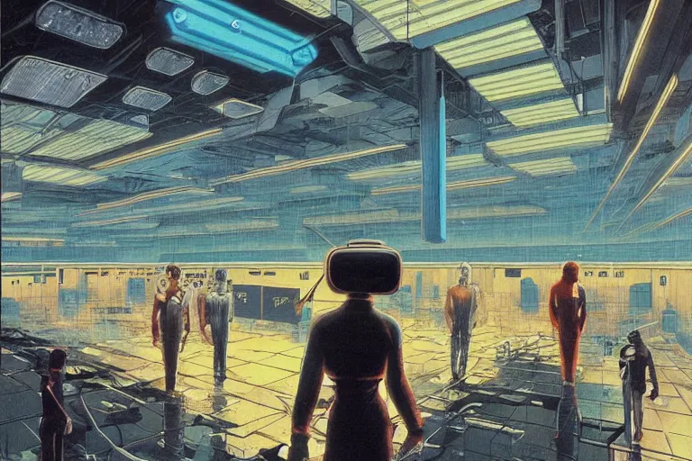 Prompt: a 1979 cover of OMNI magazine depicting an empty warehouse with VR headsets hanging ominously from the ceiling. Neo-Tokyo. Cyberpunk style art by Vincent Di Fate.