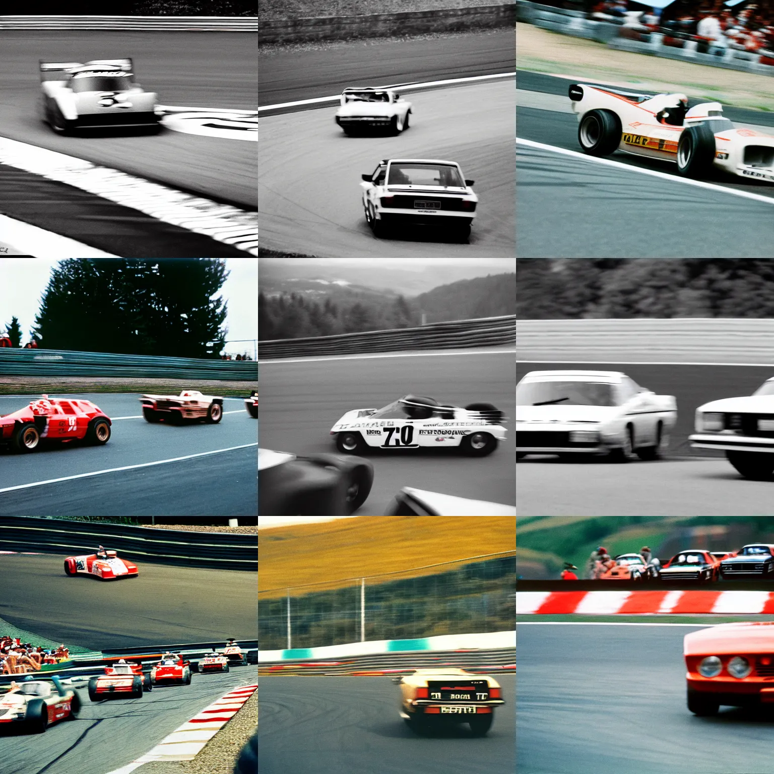 Prompt: car race overtaking at spa - francorchamps, 8 0 s, film grain, motorsports photography
