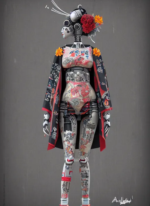 Image similar to full body photo of a punk geisha robot with kanji tattoos and decals wearing a digital pixelated kimono, intricate design, photo - realistic, octane render, ultra fine detailed, character design, trending on artstation