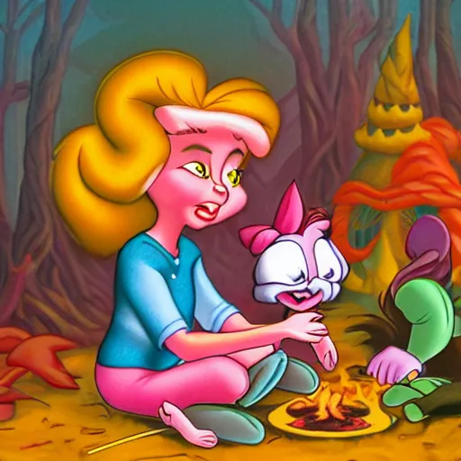 Prompt: full body portrait of Esmerelda (Tiny Toons (1990)) sitting around a campfire telling stories with her friends, by Jeff Coons, by Jeremiah Ketner, 3D, UE5, ultra high textures, dark vignette, burning embers, nostalgic, muted colors, desaturated, volumetric, slightly drunk, candy rush, autochrome, tranquil, starry night, marshmallows, s'mores, highly detailed, busy, 4K, 8K, HQ