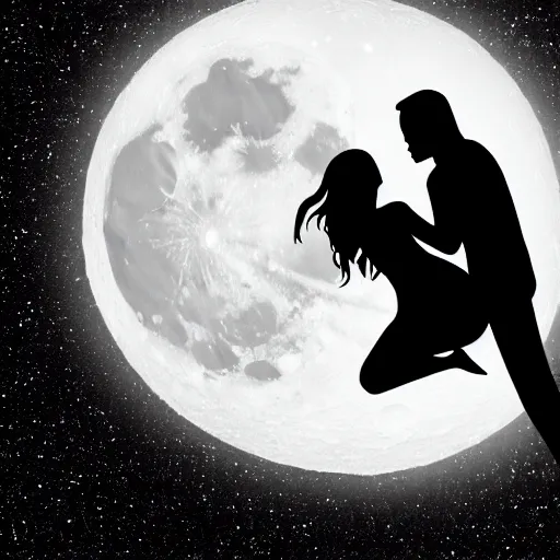 Image similar to the background is a huge moon. in the night environment, a man jumps into the air with a woman in his arms. in the middle of the moon are two figures in black silhouettes.