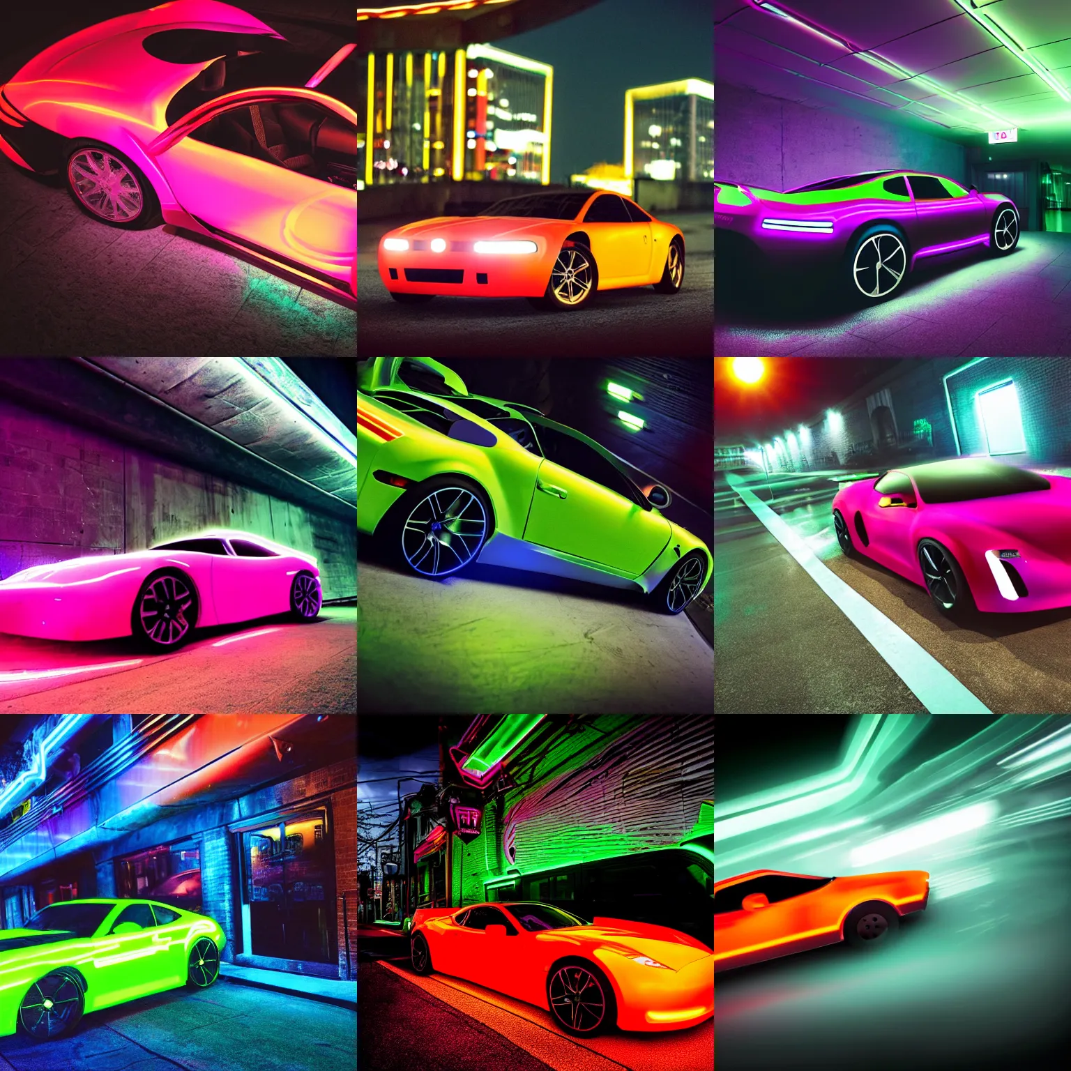 Prompt: a glowing neon image of a sports car