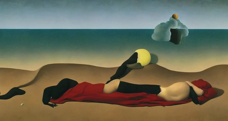 Prompt: a surreal painting by rene magritte, dorothea tanning, titled'the long sleep on the beach'