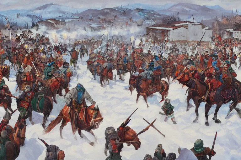 Image similar to painting of the balkan tatars invading a city in arctic bulgaria, oil on canvas