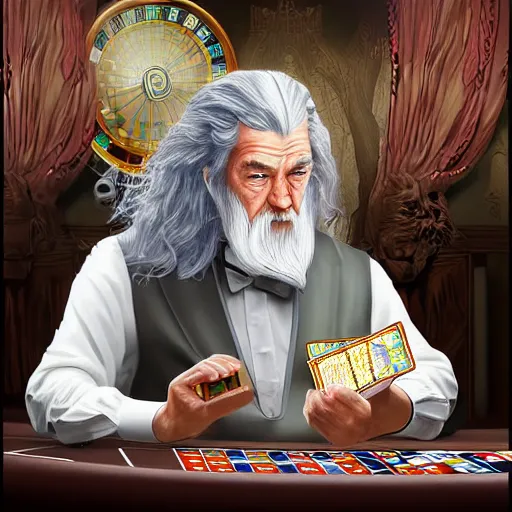 Image similar to gandalf playing poker, casino highly detailed, digital art,