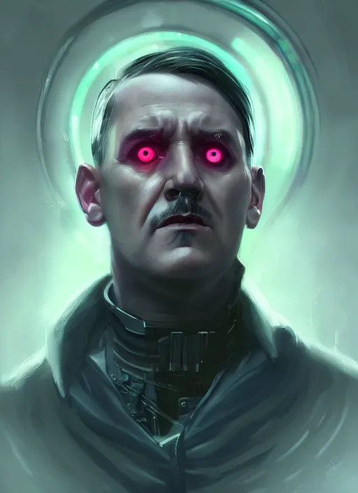 Image similar to « a portrait of cyberpunk adolf hitler, glowing eyes, a digital painting by charlie bowater, featured on cgsociety, fantasy art, behance hd, wiccan, artstation hd »