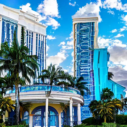 Prompt: versace mansion in miami beach, modern glass, sunny clear sky, morning shot, hyper realistic, photographic details, wide shot