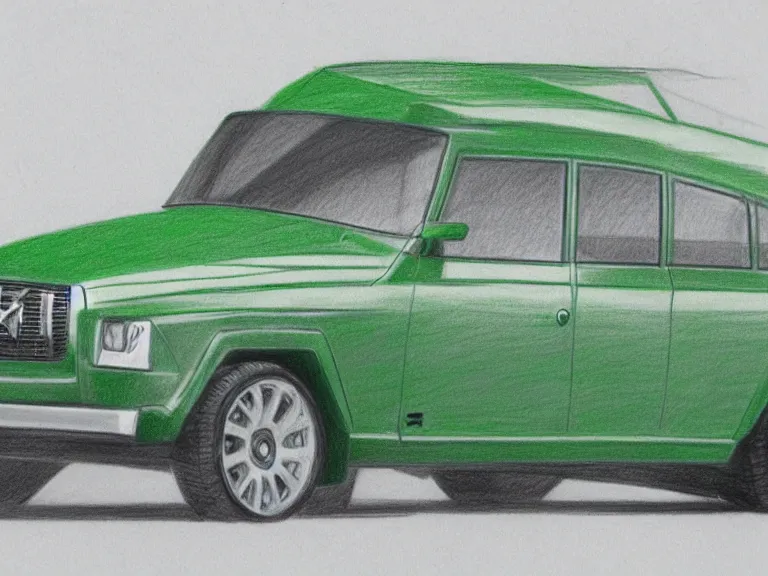 Prompt: angled complete view of a 3 d drawing of a volvo sedan resembling a green jeep, concept analytic drawing, color pencil, by greg rutkowski!