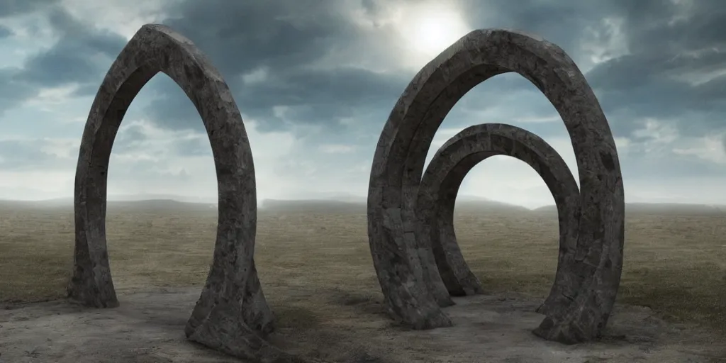 Image similar to stargate made of stone that form a circle, cinematic view, epic sky + highly detailed