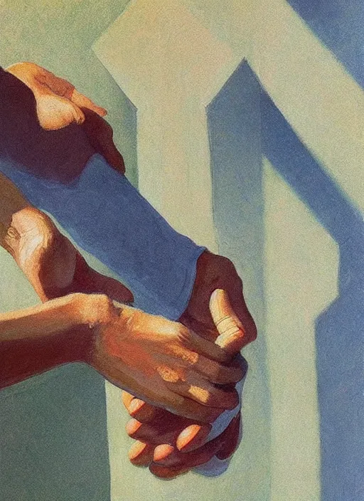 Prompt: three hands holding a bag of stones painted by Edward Hopper and James Gilleard, highly detailed