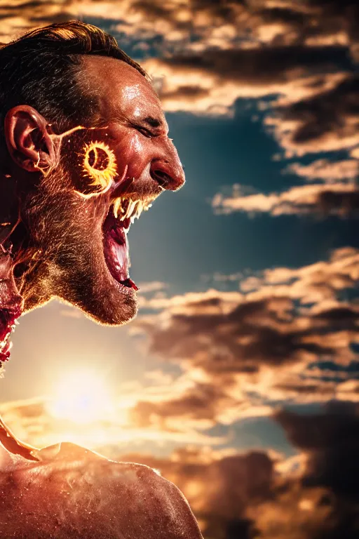 Image similar to a photograph of a man unhinging his jaw to eat the sun, 4 k image, golden hour, sigma lens, sourced by nasa, drone photograph, real, scary