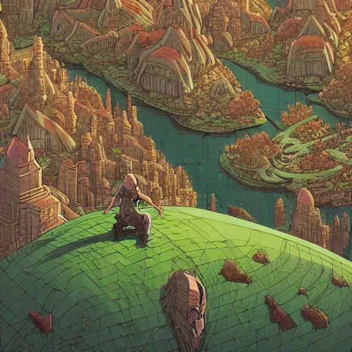 Prompt: cell shaded adult animation, a birds eye view overlooking a walled off ancient fantasy city being attacked by horrific monsters, surrounded by mountains and trees of greens and browns, rivers, concept art by josan gonzales and wlop, Laurie Greasley, Jordan Grimmer, Beksiński and james jean, highly detailed, sharp focus, Trending on Artstation, HQ, deviantart, art by artgem