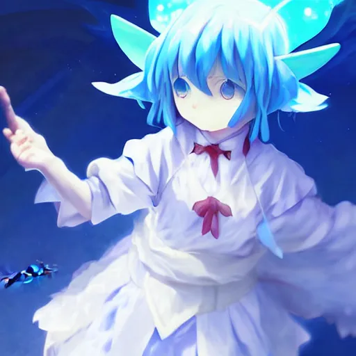 Image similar to pixiv artwork of cirno from touhou project, cirno touhou artwork by greg rutkowski makoto shinkai key art kyoto animation