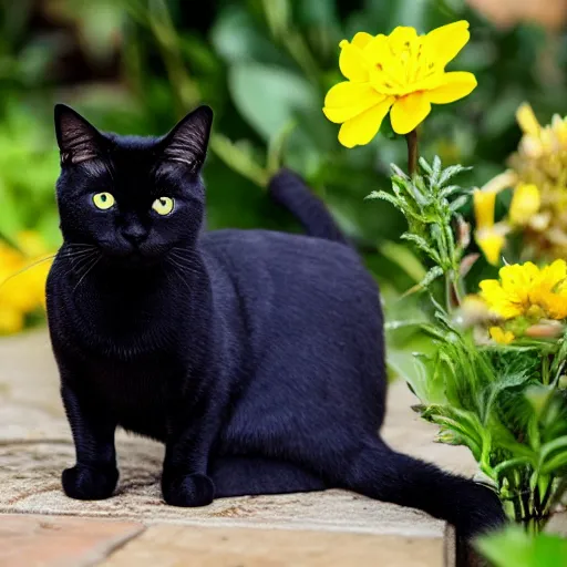 Image similar to yellow flower cat, black bombay cat, happy, cheery, garden, smile