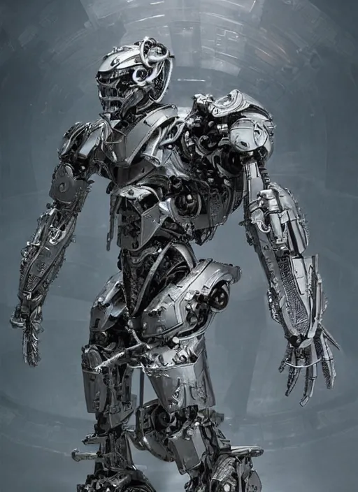 Image similar to portrait of a futuristic silver armored knight district 9 cyborg, in the style of annihilation, modern fine art, fractal, intricate, elegant, highly detailed, digital photography, subsurface scattering, by jheronimus bosch and greg rutkowski,