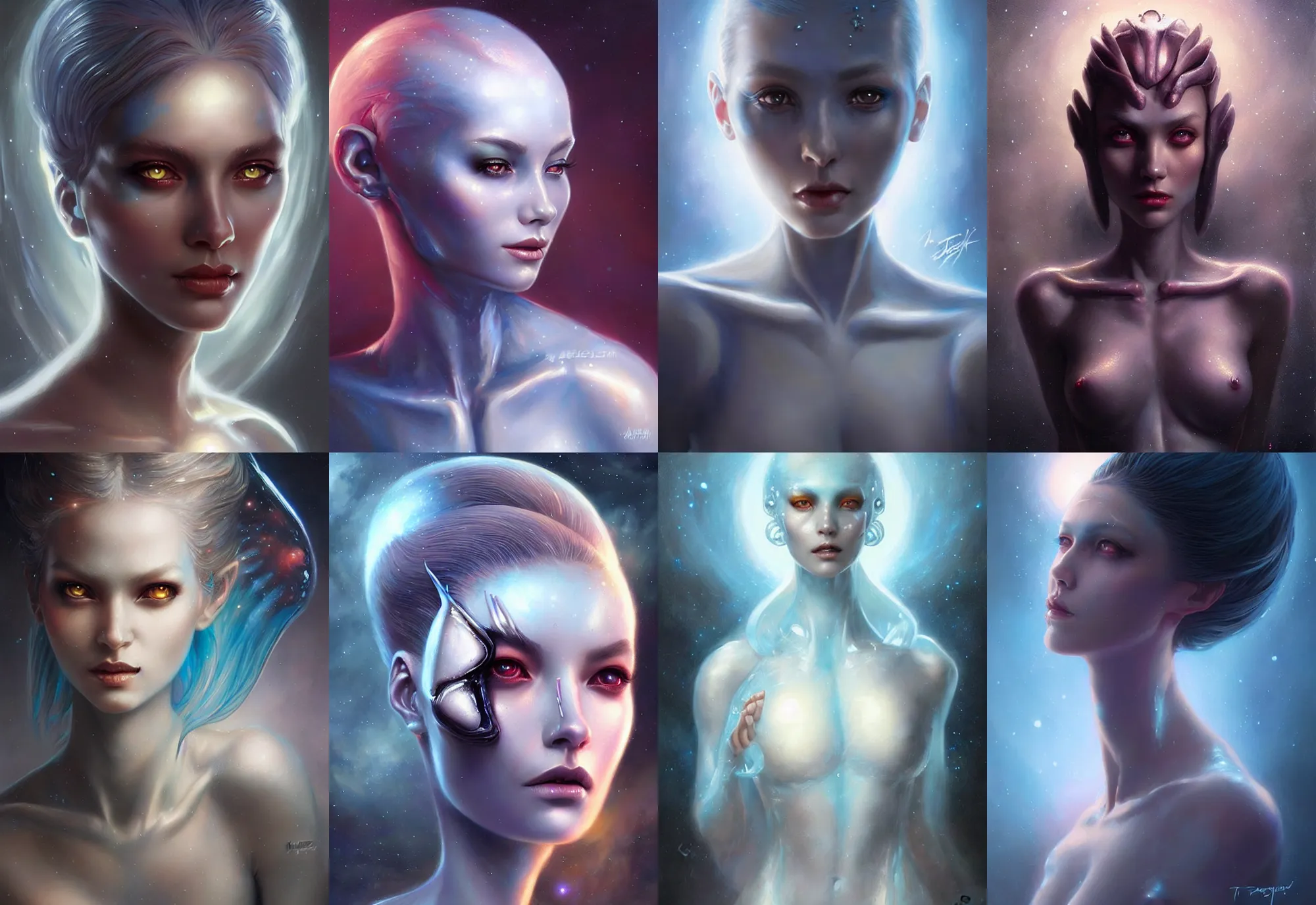 Prompt: a beautiful alien woman with skin of ice, painted by artgerm and tom bagshaw, fantasy art, dramatic lighting, highly detailed oil painting