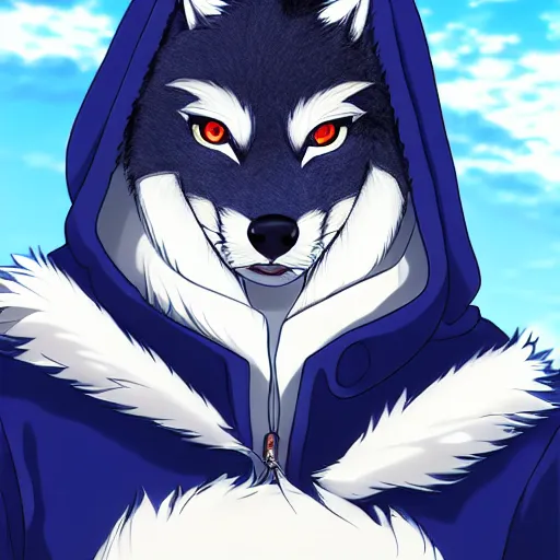 Image similar to key anime visual portrait of a handsome male anthro wolf furry fursona with beautiful eyes, wearing a hoodie, official modern animation