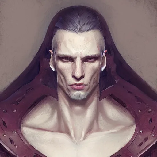 Image similar to character design, portrait of a attractive male with pale skin, long white hair and proeminent cheekbones, medieval, dark armor, painting by wlop, nixeu and greg rutkowski, beautiful, cgsociety, semirealism, artstation, octane render, sharpness, 8 k, golden ratio