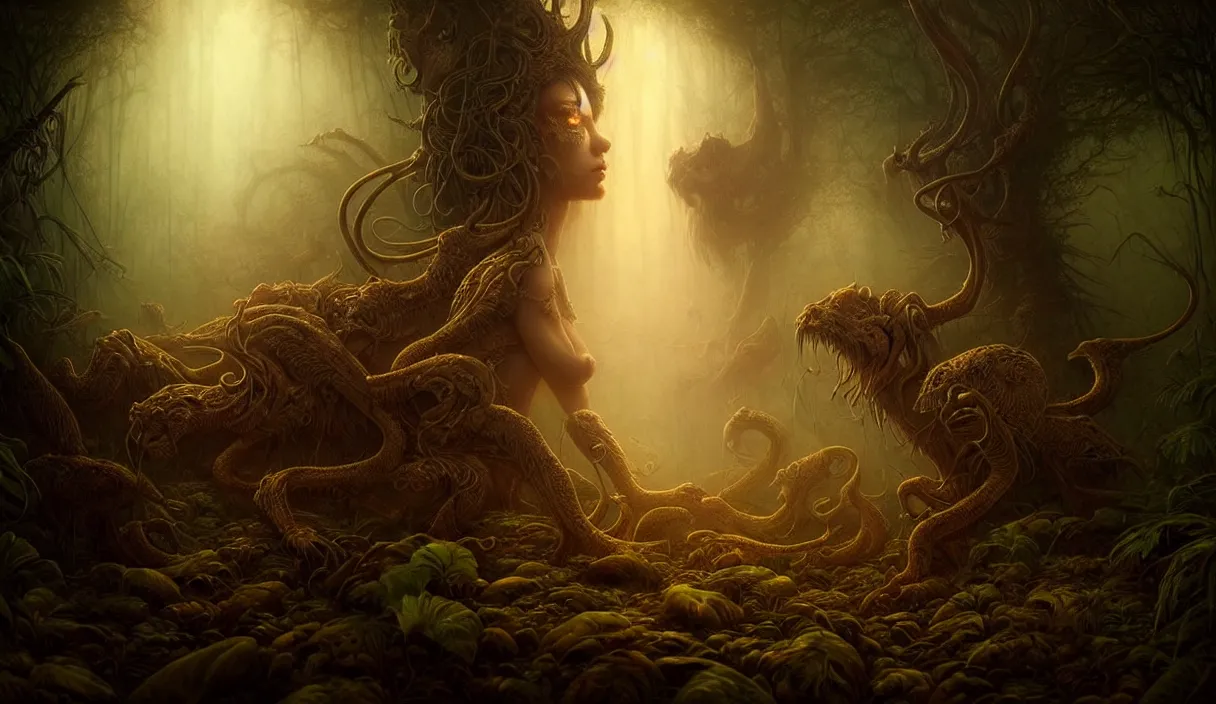 Prompt: epic professional digital art hungry eyes, gold ambient light, painted, mysterious, eerie, mythic, detailed, intricate, grand, leesha hannigan, wayne haag, reyna rochin, ignacio fernandez rios, mark ryden, van herpen, artstation, cgsociety, epic, stunning, gorgeous, much wow, closeup cinematic jungle scene