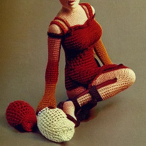 Prompt: Pretty Woman with crocheting figure