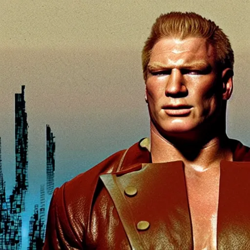 Image similar to head and shoulders portrait of brock lesnar as baron harkonnen from dune 1982 movie, background dystopian scifi palace, painted by norman rockwell and tom lovell and frank schoonover