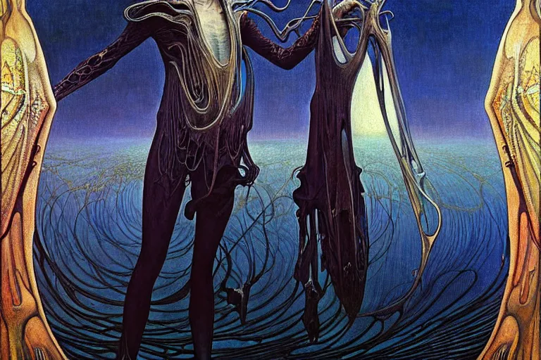 Image similar to realistic extremely detailed portrait painting of an elegantly creepy vampire man in cape, futuristic sci-fi landscape on background by Jean Delville, Amano, Yves Tanguy, Alphonse Mucha, Ernst Haeckel, Edward Robert Hughes, Roger Dean, rich moody colours, blue eyes