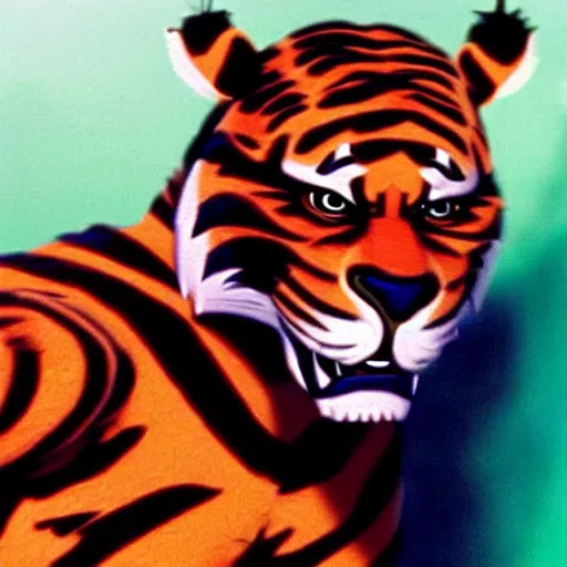 Prompt: A still of Tony the Tiger as a supervillian in a 1980s movie