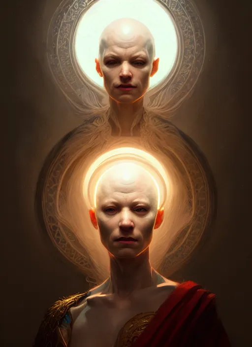 Prompt: portrait of an albino bald sick oracle, ancient oracle, intricate, elegant, glowing lights, highly detailed, digital painting, artstation, concept art, smooth, sharp focus, art by wlop, mars ravelo and greg rutkowski