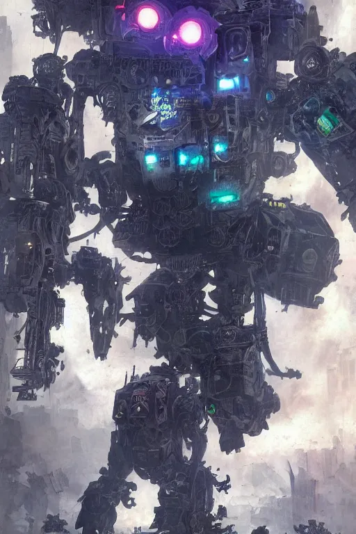 Image similar to ink acid shadow mech warrior, painted by erol otus and david thierree and dan adkins and john berkey, trending on artstation, volumetric lighting macro view muted colors, iridescent colors, dark academia, symbolism, brushwork