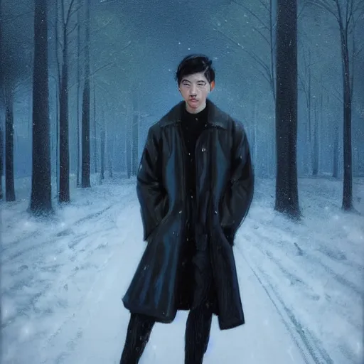 Prompt: beautiful snow - covered korean young man posing on road in park with pines, dressed in leather coat, night, 1 9 8 0 s haircut, half - length portrait, perfect symmetrical eyes, cinematic by peter mohrbacher, detailed, hyperrealism