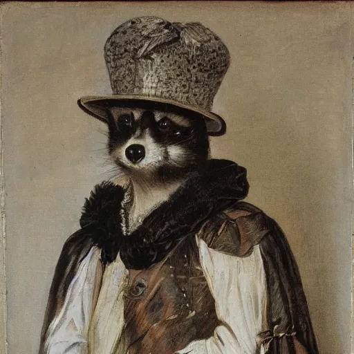 Image similar to a gentleman raccoon wearing a tophap, portrait, painting, detailed, artwork by Anthony van Dyck