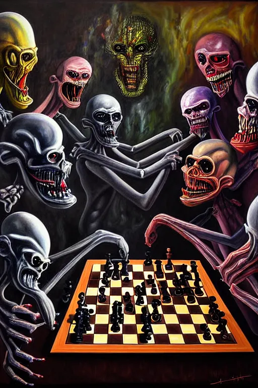 Image similar to a hyperrealistic painting of a game of chess played by nightmare creatures, cinematic horror by jimmy alonzo, the art of skinner, highly detailed, vivid color,