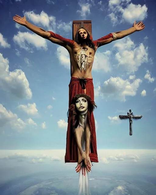 Prompt: crucifix theme surrealist art in the styles of igor morski, jim warren, and a tim burton film, intricate, hyperrealistic, accurate facial details, profile picture with chromakey!!!!! background, volumetric lighting