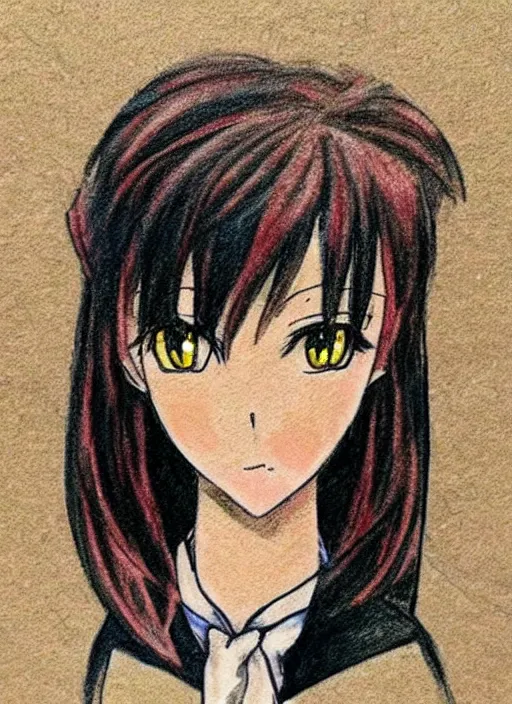 Image similar to drawn anime woman in business clothing, crayon art, very silly, very anime