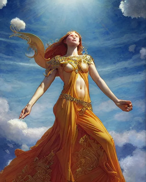 Prompt: goddess of the sun, by Edgar Maxence and Ross Tran and Michael Whelan and Boris Valejo