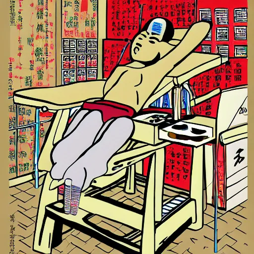 Image similar to chinese surgery operating table, in the style of daniel johnston and outsider art art brut, 8k, line brush, minimal, hard lines, overlaid with traditional chinese adverts