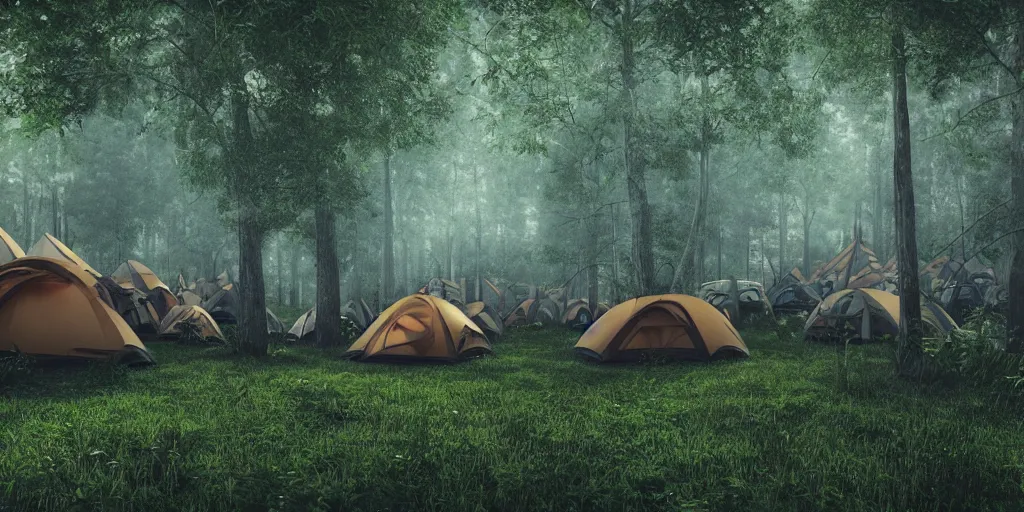 Prompt: a forest with several tents. dusk. lunarpunk. dark. gothic. wiccan. pagan. ecopunk. 8K. detailed. photorealism. trending in artstation. ultra realistic