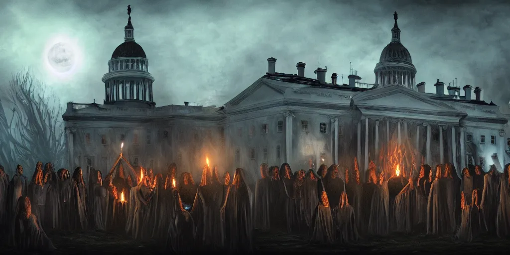 Prompt: coven of witches gathered on the roof of the burnt remains of the white house, performing a ritual to call lovecraftian aliens down from the night sky, wide shot, concept art, smooth, high quality, 4 k