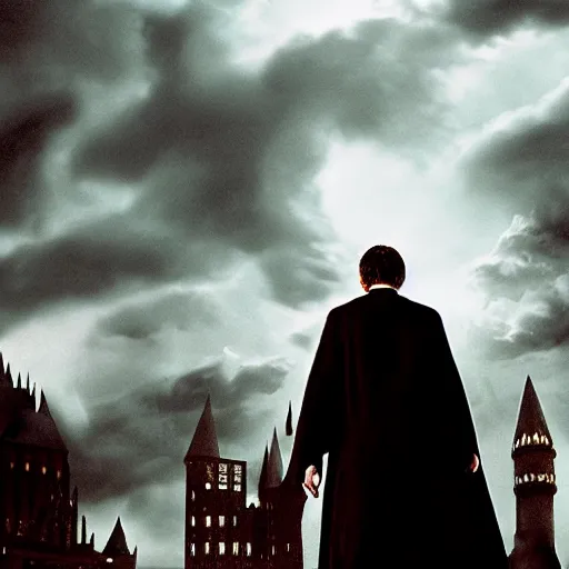 Image similar to Harry potter upright and levitating, back view, thunderclouds, cinematic shot, intricate detail and quality, movie still, nighttime, crescent moon, minor motion blur, action shot, photorealistic, intense scene, visually coherent, symmetry, rule of thirds, movement, vivid colors, award winning, directed by Steven Spielberg, Christopher Nolan, Tooth Wu, Asher Duran, Greg Rutkowski