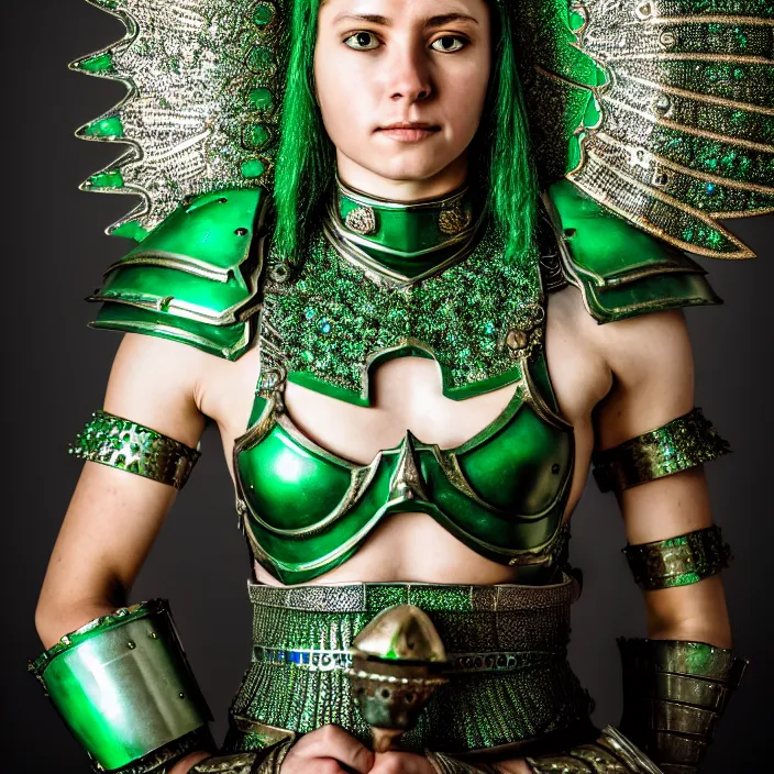 Image similar to photo of a beautiful warrior queen wearing emerald encrusted armour, highly detailed, 4 k, hdr, smooth, sharp focus, high resolution, award - winning photo