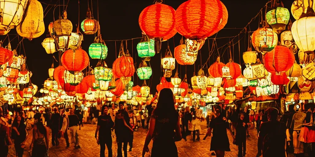 Prompt: “a cinematic photo of a princess walking through a bohemian night market lit by lanterns”