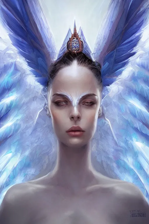 Image similar to beautiful model wearing crystal white feathers, blue magic, diamonds, angel, fantasy, dramatic lighting, highly detailed, digital painting, holding electricity, magic the gathering, hyper detailed, 3 d render, hyper realistic detailed portrait, peter mohrbacher, wlop, ruan jia