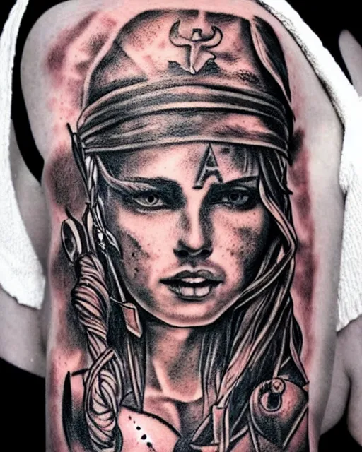 Image similar to A beautiful woman warrior faded on a background of a beautiful pirate ship, realism tattoo drawing, hyper realistic, shaded