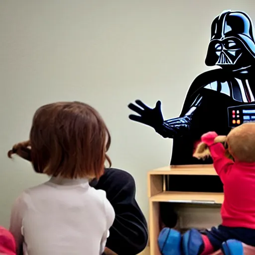 Image similar to darth vader teaching at a daycare, photorealistic