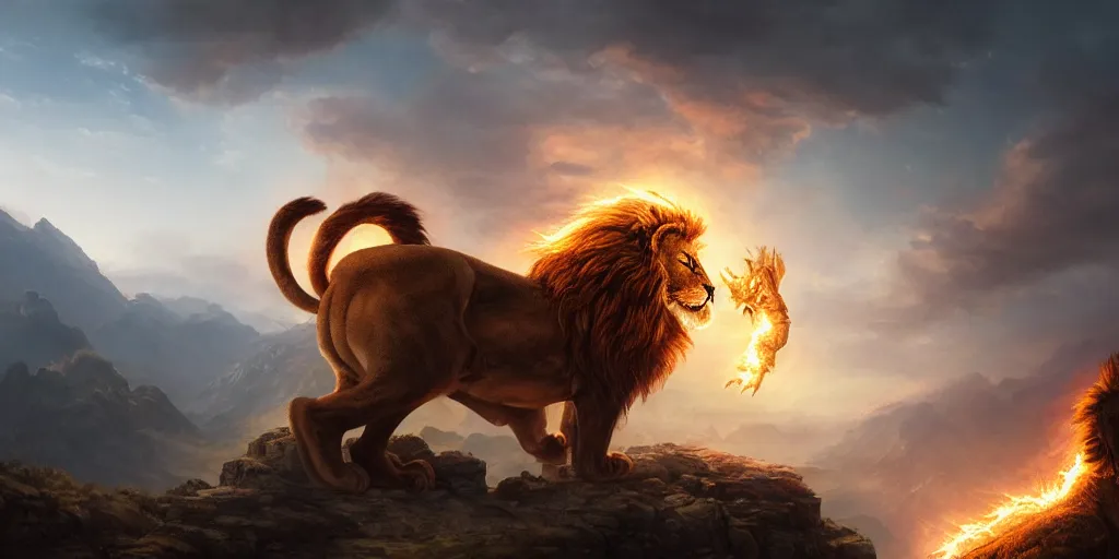 Prompt: Manticore with lion face on a top of a mountain breathing fire to the sky, art by Peter Tang and artgem and Greg Rutkowski, highly detailed, fantasy, digital art, 8k, volumetric lighting