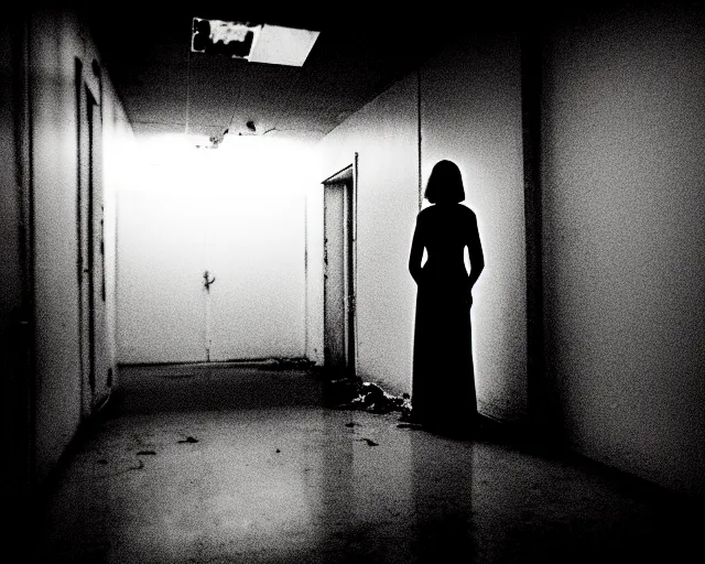 Image similar to creepy woman wearing white dress standing in the backrooms, psychological horror, the eerie forlorn atmosphere of a place that's usually bustling with people but is now abandoned and quiet, buzzing fluorescent lights above the ceiling, unsettling images, liminal space, dark