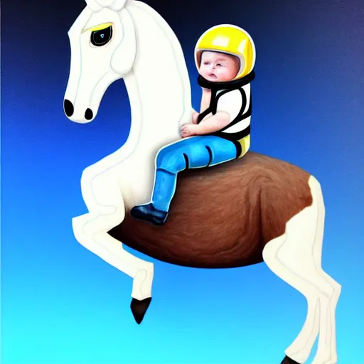 Image similar to a horse like a baby sits on the back of an astronaut - realistic, style by kezie demessance