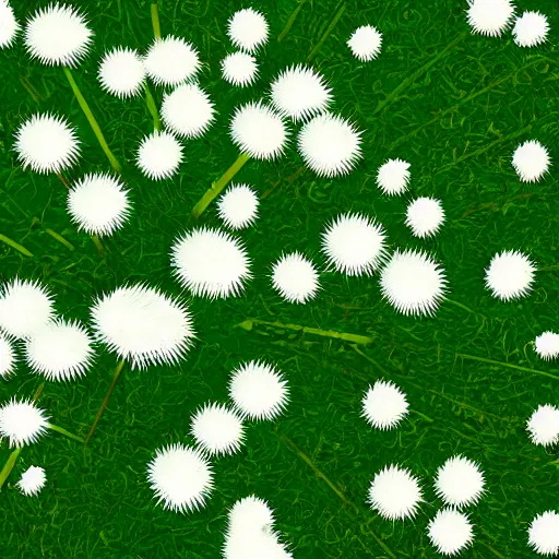 Prompt: a field completely covered by white detailed dandelions, anime style, close-up, green and white colors