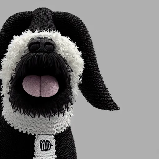 Prompt: a closeup photorealistic illustration of a smiling knitted bernedoodle judge dog dressed in a black gown, presiding over the courthouse. this 4 k hd image is trending on artstation, featured on behance, well - rendered, extra crisp, features intricate detail, epic composition and the style of unreal engine.